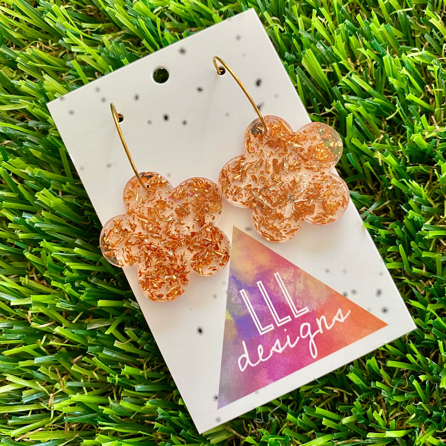 ON SALE!!!! Resin Earrings - Copper Foil Solid Daisy Featuring a Gold Hoop!