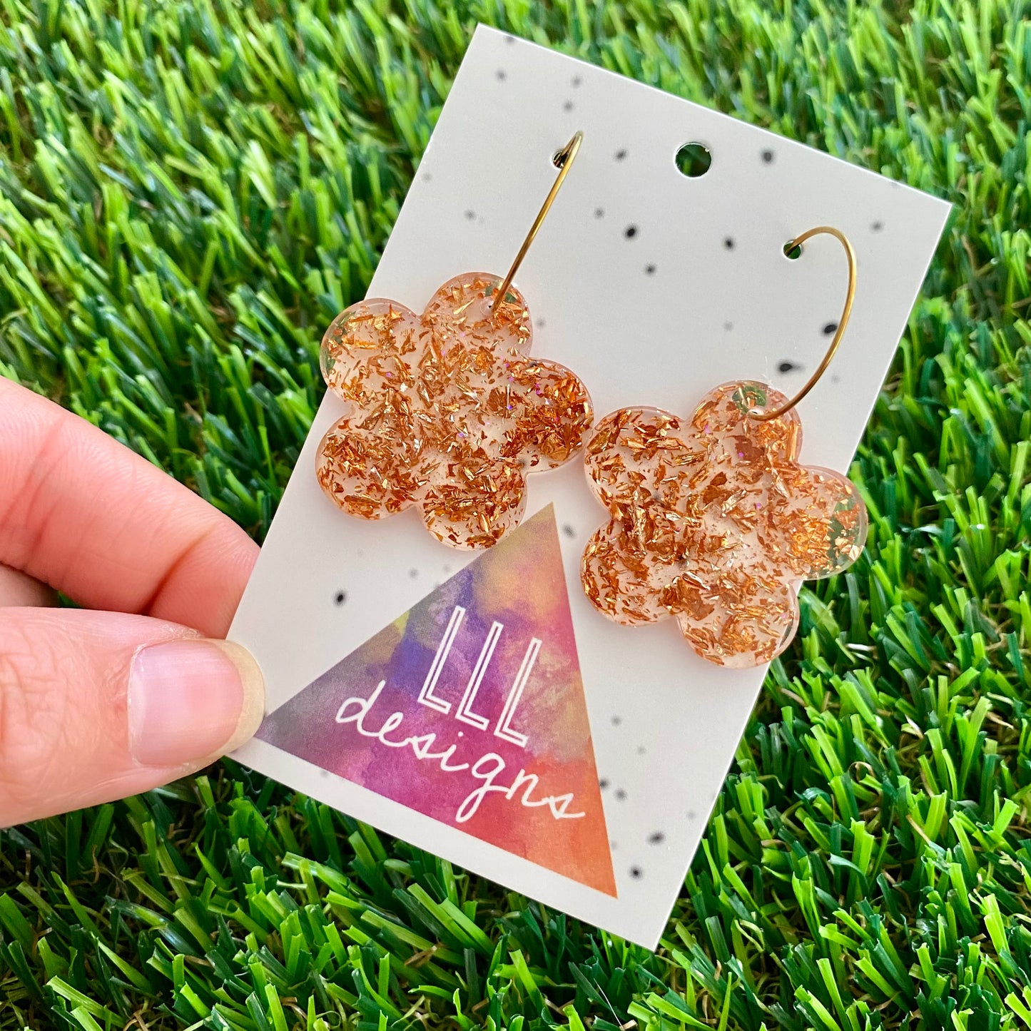 ON SALE!!!! Resin Earrings - Copper Foil Solid Daisy Featuring a Gold Hoop!