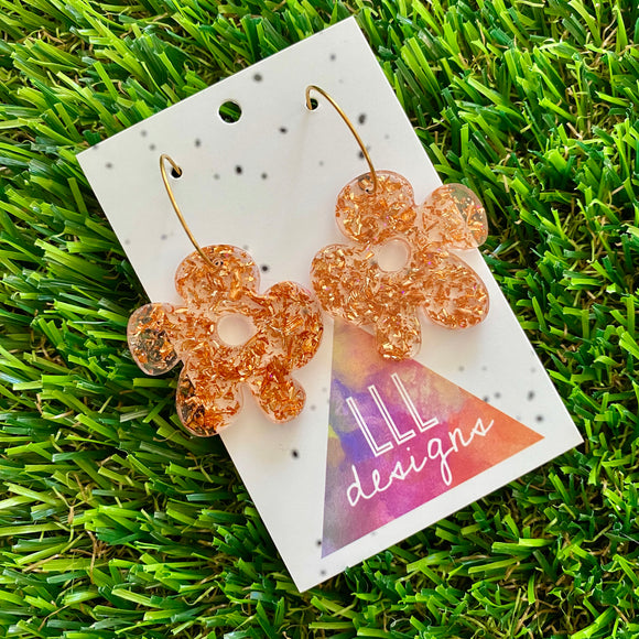 Resin Earrings - Copper Foil Asymmetrical Flower Featuring a Gold Hoop!