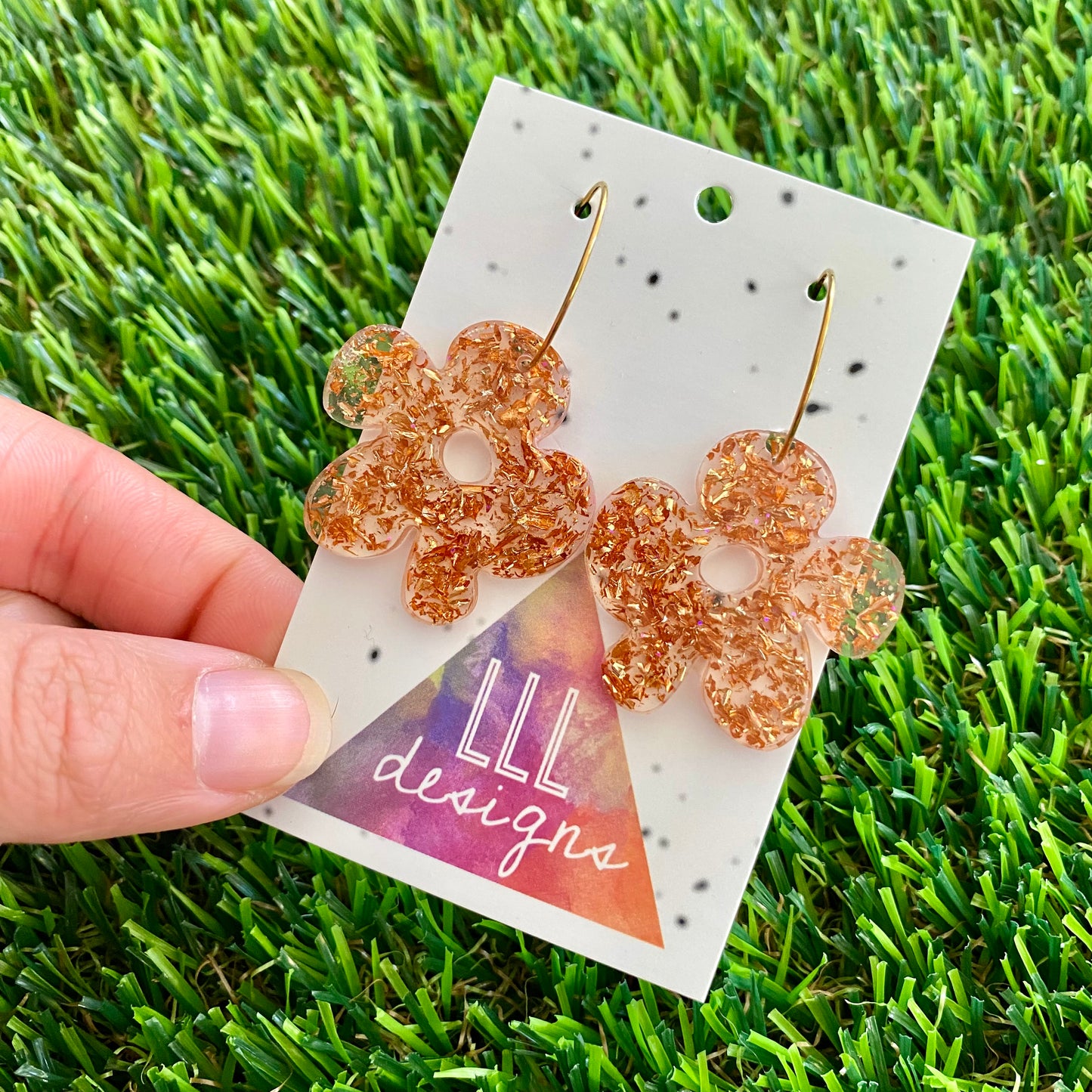 ON SALE!!!! Resin Earrings - Copper Foil Asymmetrical Flower Featuring a Gold Hoop!