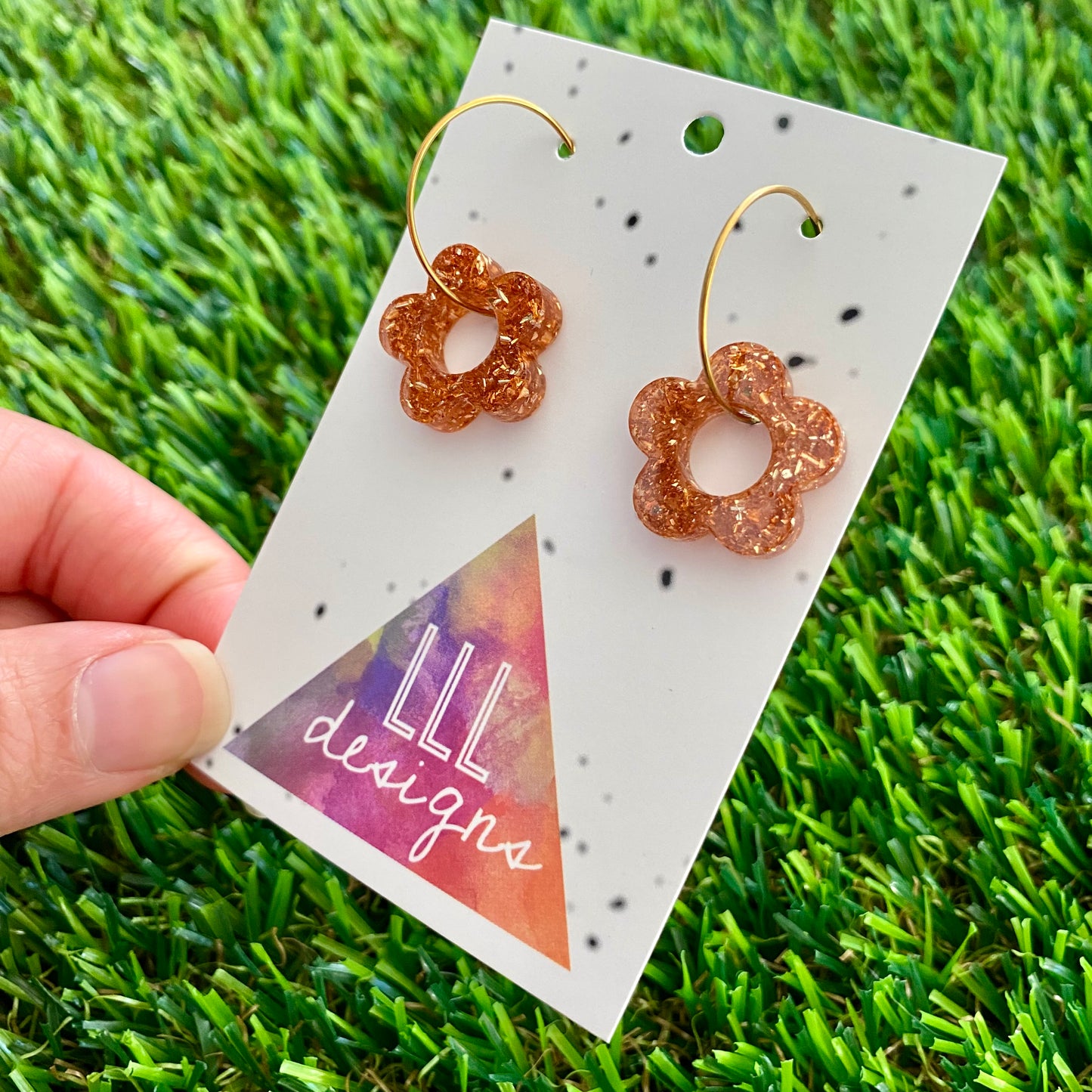 ON SALE!!!! Resin Earrings - Copper Foil Mini Daisy Featuring a Gold Hoop!