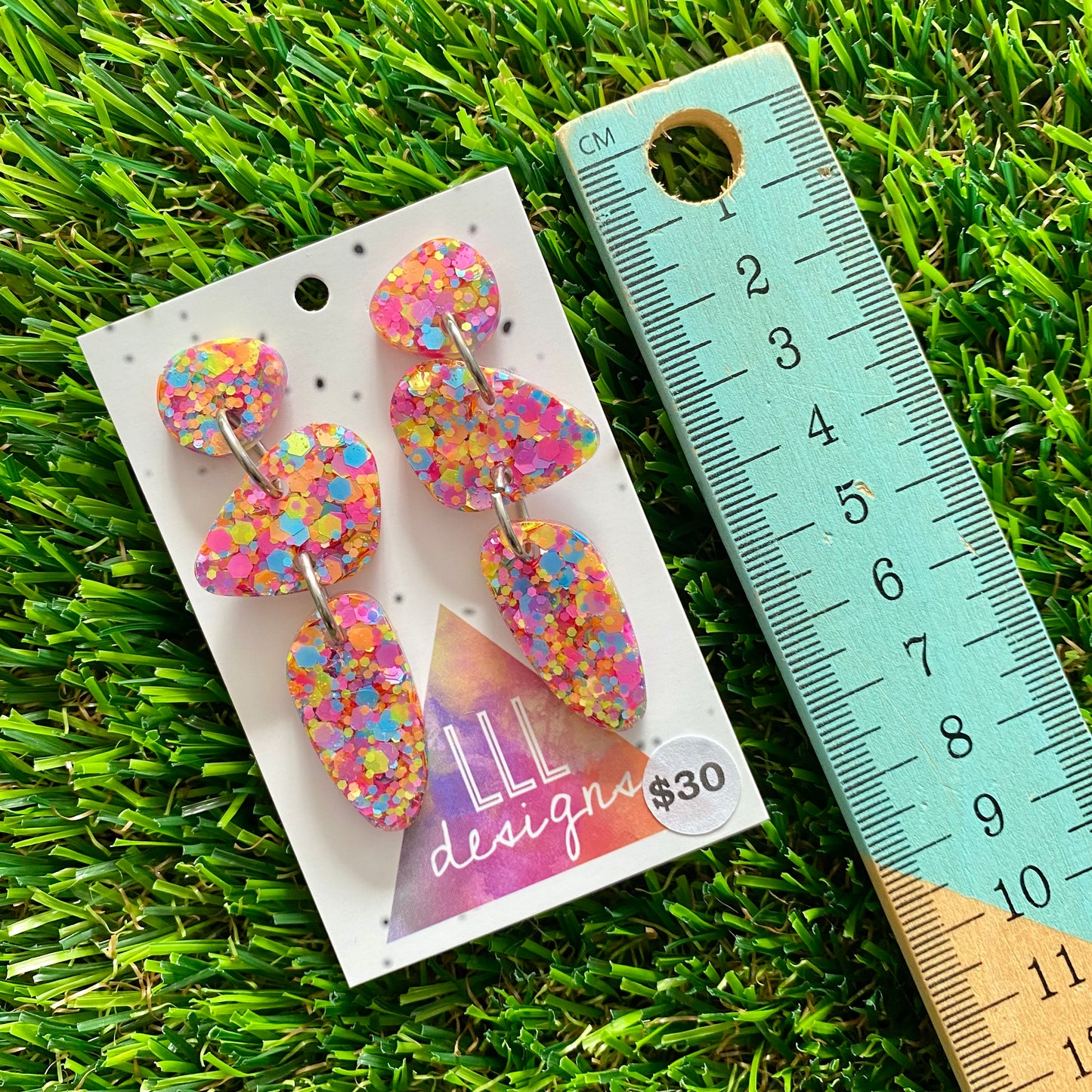 ON SALE!!!!!! Resin Earrings - Rainbow Confetti Pebble Dangles - Dino Design!