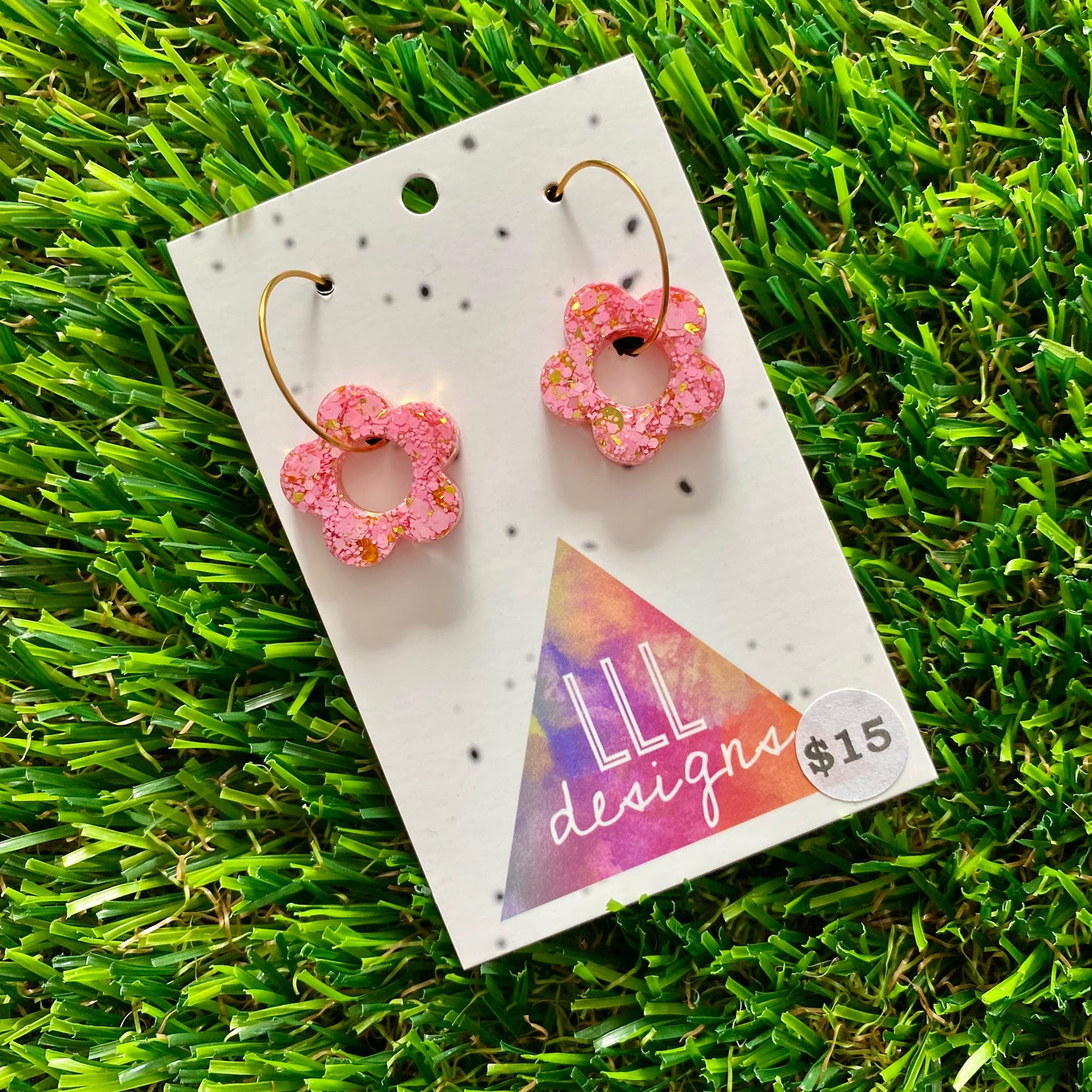 ON SALE!!!! Resin Earrings - Pink and Gold Confetti - Mini Daisy Featuring a Gold Hoop!