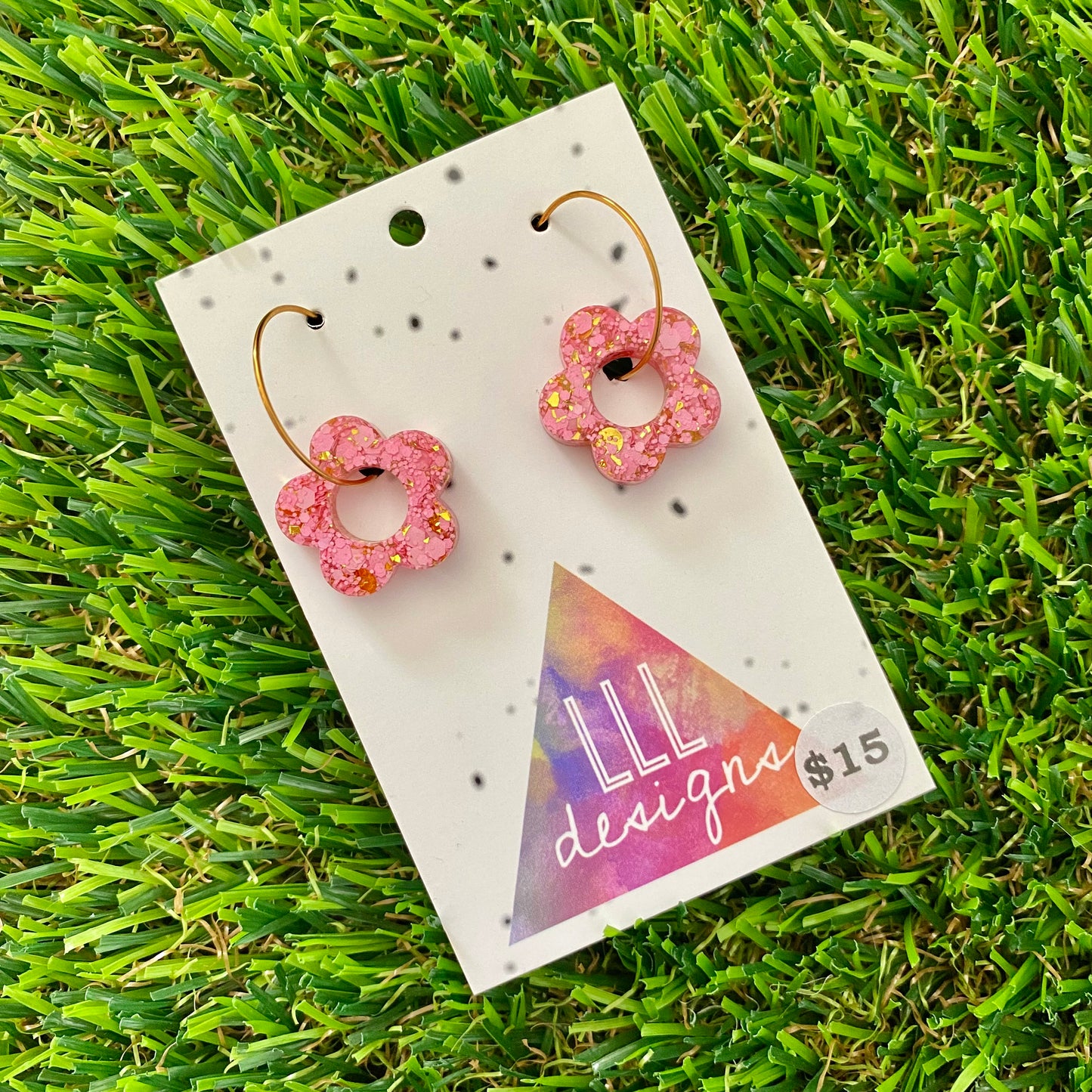 ON SALE!!!! Resin Earrings - Pink and Gold Confetti - Mini Daisy Featuring a Gold Hoop!