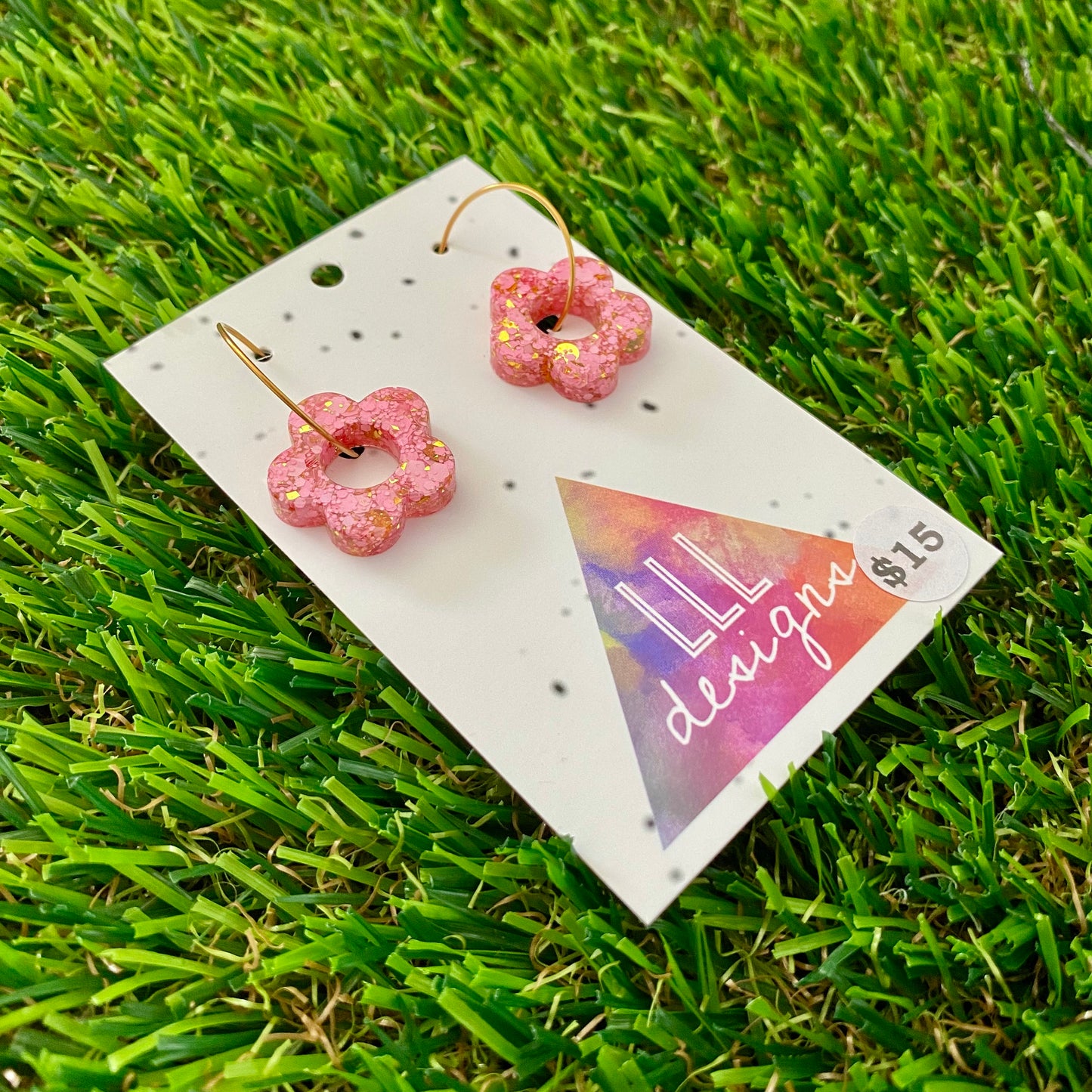 ON SALE!!!! Resin Earrings - Pink and Gold Confetti - Mini Daisy Featuring a Gold Hoop!