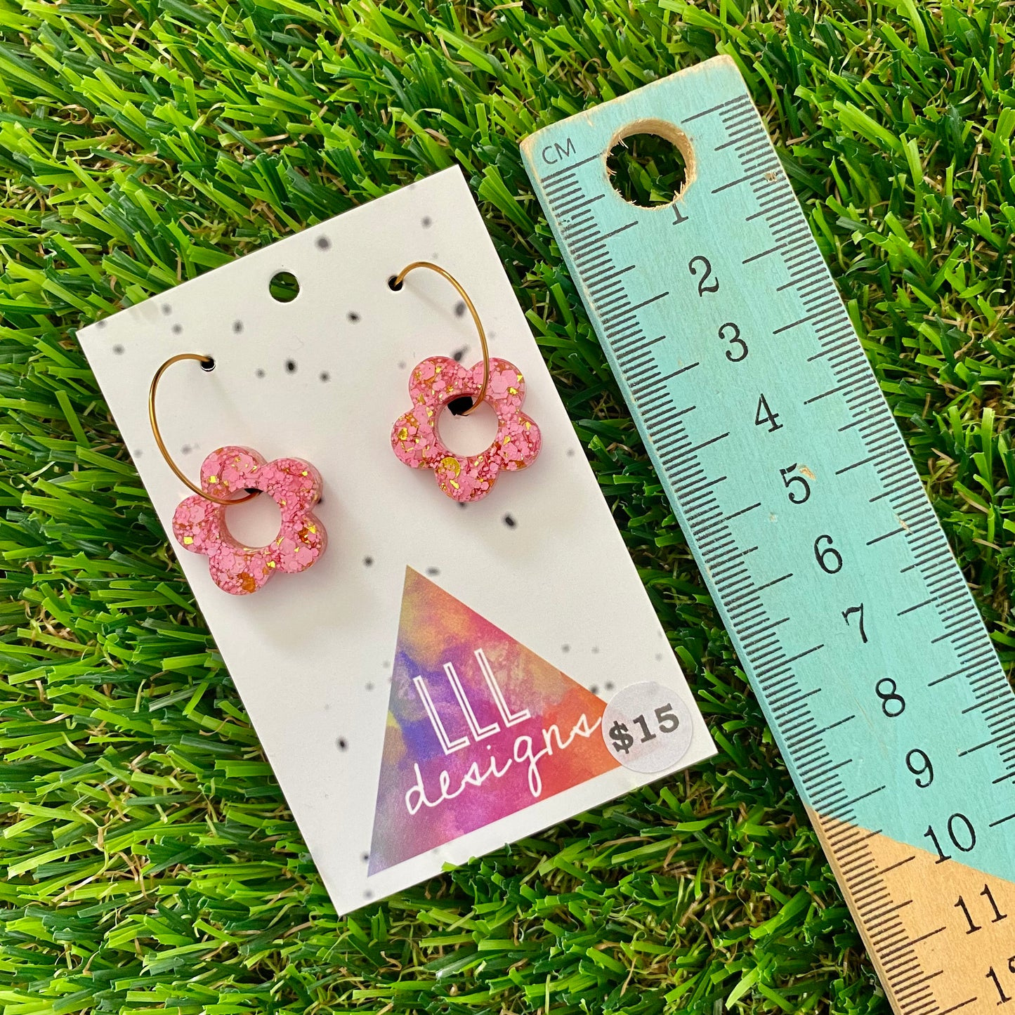 ON SALE!!!! Resin Earrings - Pink and Gold Confetti - Mini Daisy Featuring a Gold Hoop!