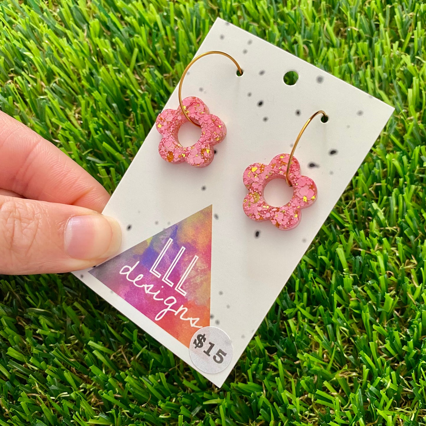 ON SALE!!!! Resin Earrings - Pink and Gold Confetti - Mini Daisy Featuring a Gold Hoop!