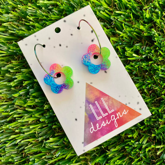 ON SALE!!!! Resin Earrings - Neon Vibrant Mini Daisy Featuring a Rainbow Hoop! (1)