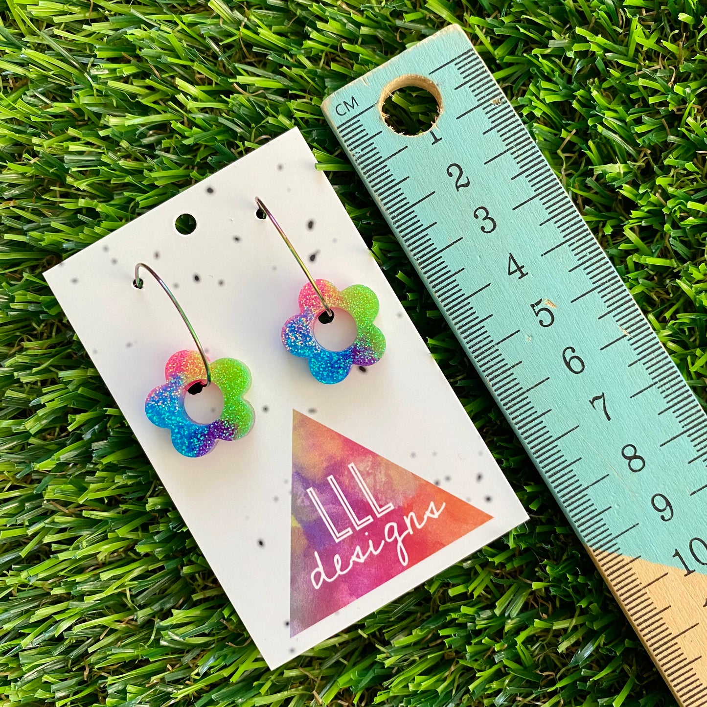 ON SALE!!!! Resin Earrings - Neon Vibrant Mini Daisy Featuring a Rainbow Hoop! (1)