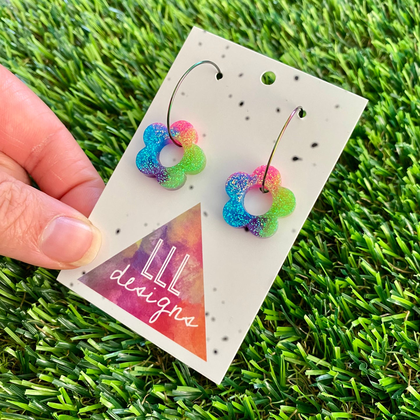 ON SALE!!!! Resin Earrings - Neon Vibrant Mini Daisy Featuring a Rainbow Hoop! (1)