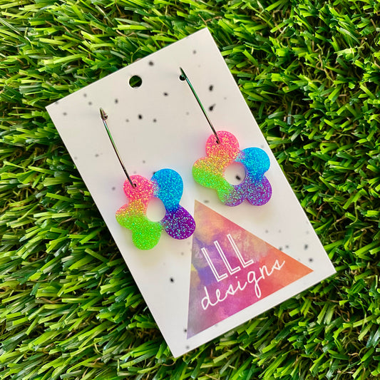 ON SALE!!!! Resin Earrings - Neon Vibrant Wonky Daisy Featuring a Rainbow Hoop!