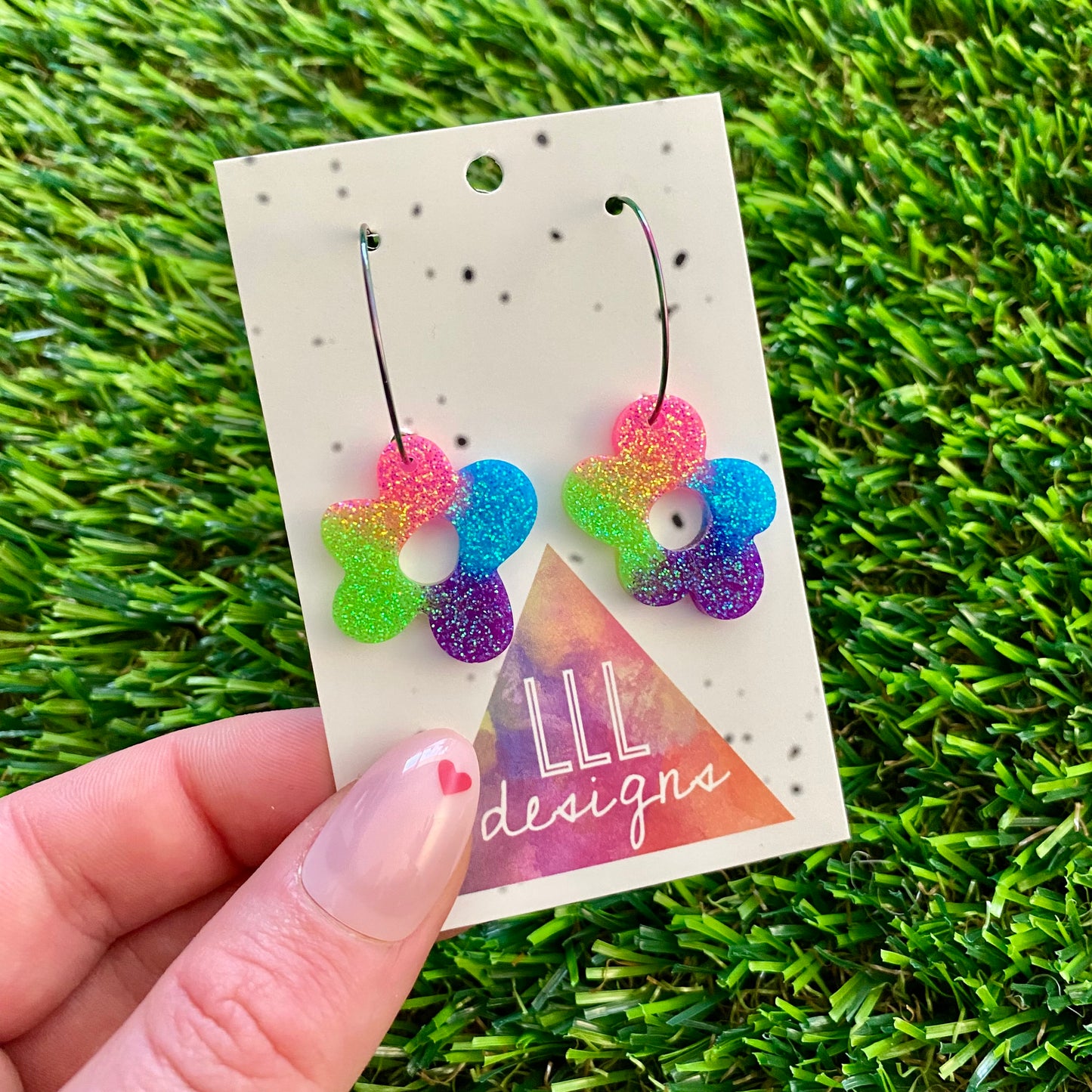 ON SALE!!!! Resin Earrings - Neon Vibrant Wonky Daisy Featuring a Rainbow Hoop!