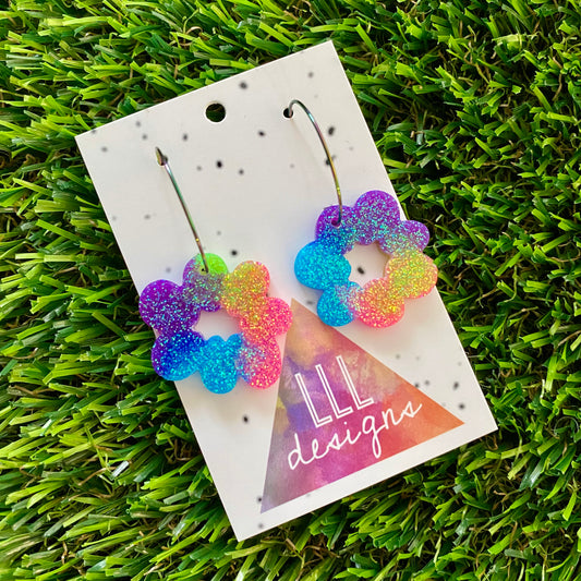 ON SALE!!!! Resin Earrings - Neon Vibrant Floral Wreath Featuring a Rainbow Hoop!