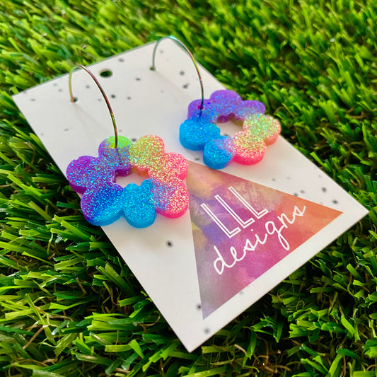 ON SALE!!!! Resin Earrings - Neon Vibrant Floral Wreath Featuring a Rainbow Hoop!