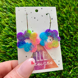 Resin Earrings - Neon Vibrant Floral Wreath Featuring a Rainbow Hoop!