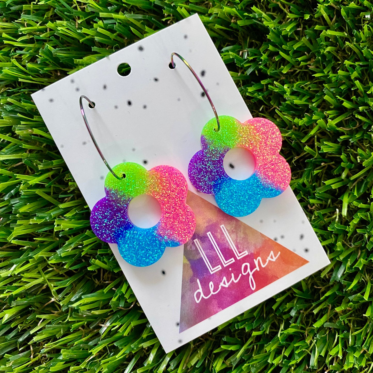 ON SALE!!!! Resin Earrings - Neon Vibrant Cut Out Daisy Featuring a Rainbow Hoop!