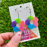 Resin Earrings - Neon Vibrant Cut Out Daisy Featuring a Rainbow Hoop!