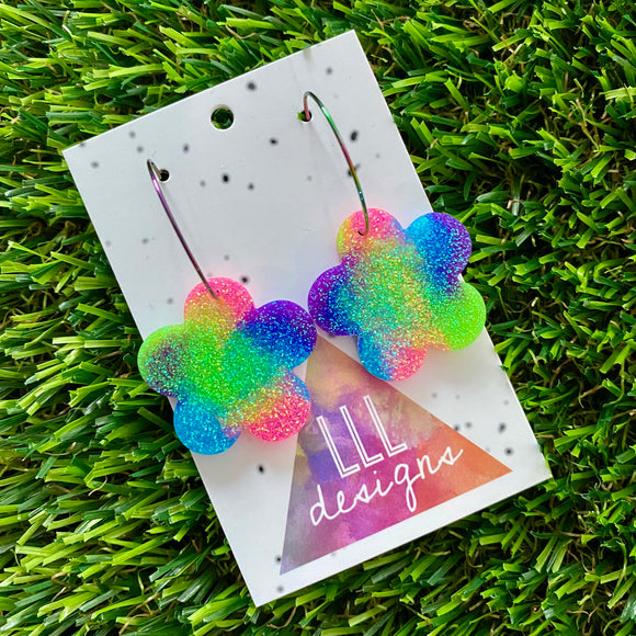 Resin Earrings - Neon Vibrant Solid Daisy Featuring a Rainbow Hoop!