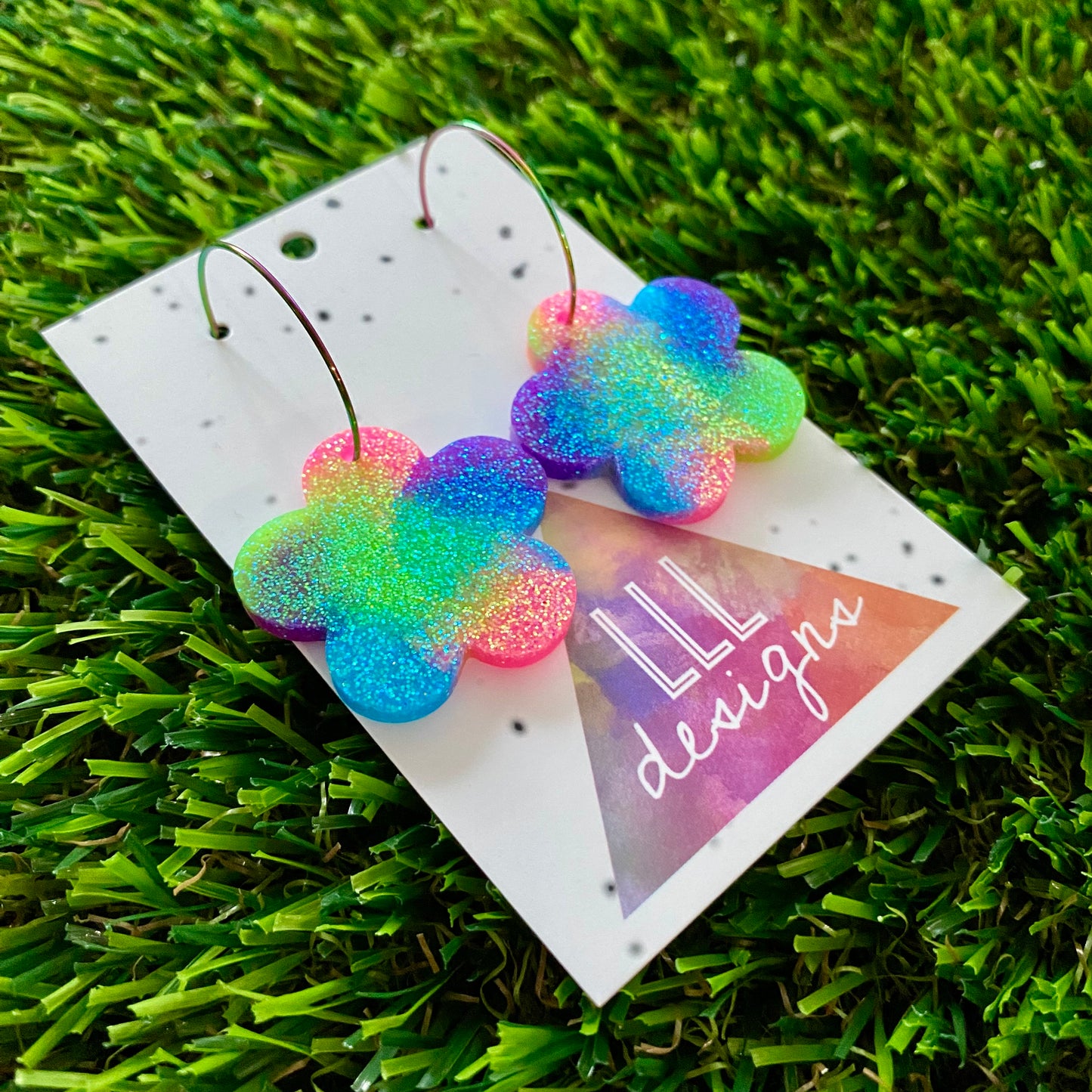 ON SALE!!!! Resin Earrings - Neon Vibrant Solid Daisy Featuring a Rainbow Hoop!