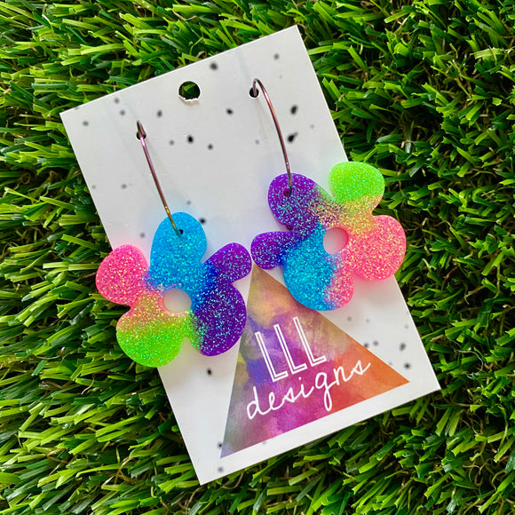 Resin Earrings - Neon Vibrant Asymmetrical Flower Featuring a Rainbow Hoop!