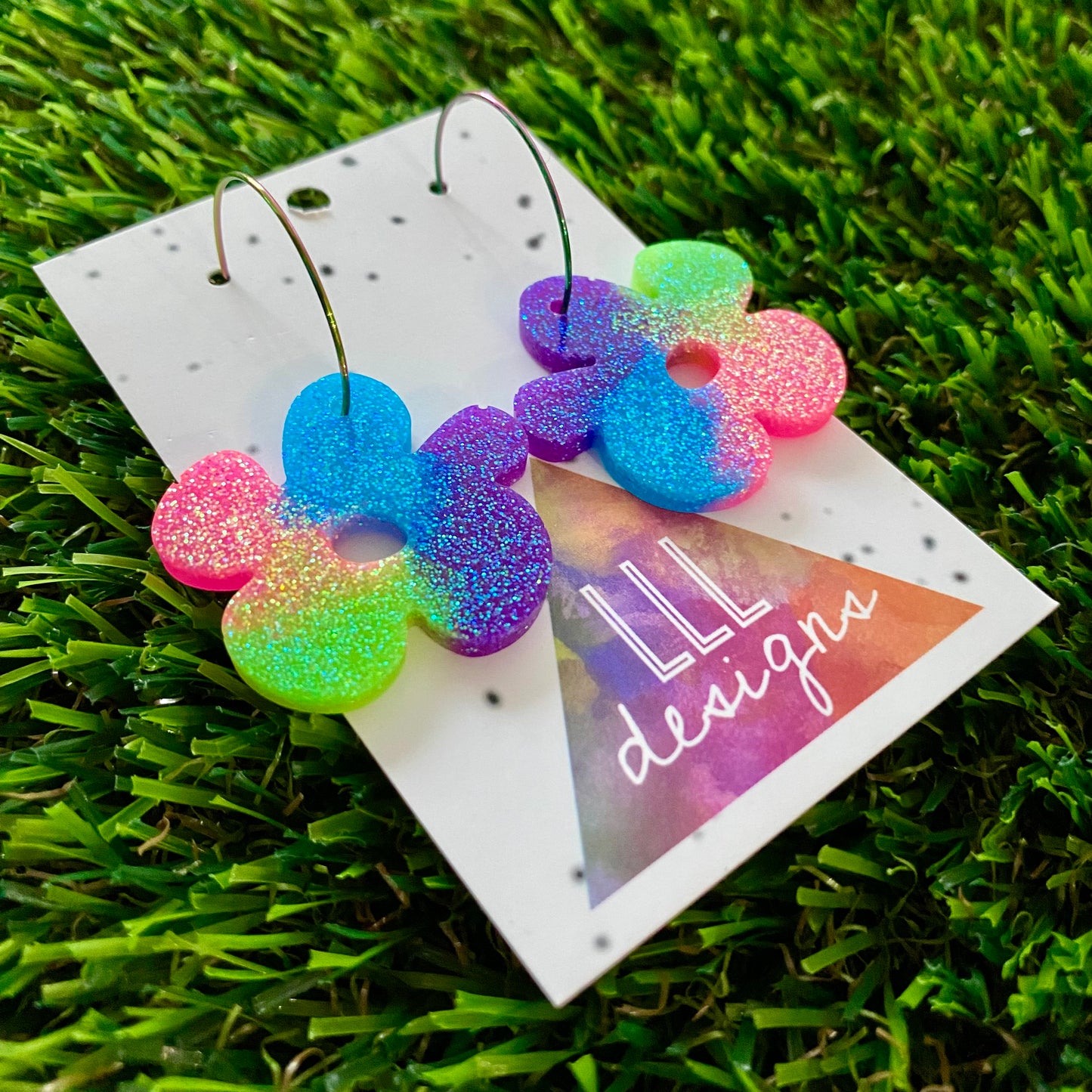 ON SALE!!!! Resin Earrings - Neon Vibrant Asymmetrical Flower Featuring a Rainbow Hoop!