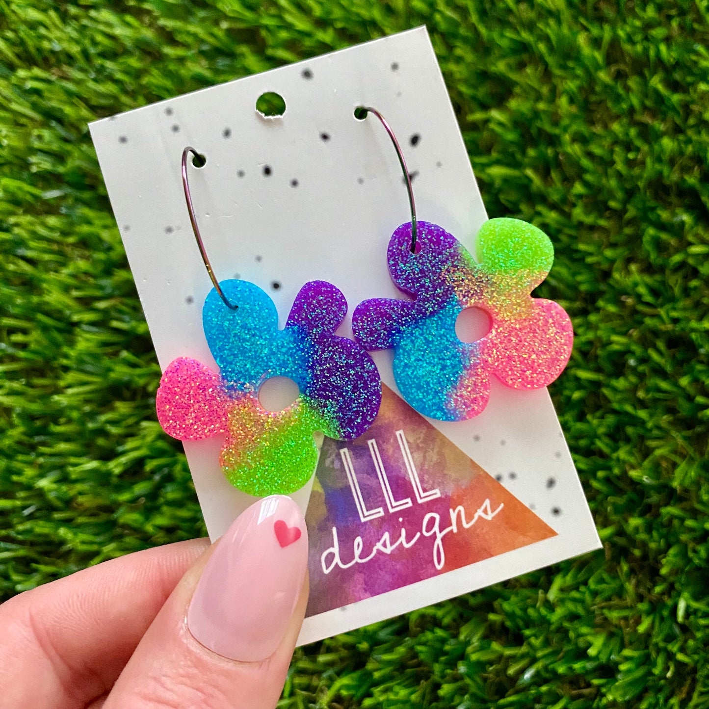 ON SALE!!!! Resin Earrings - Neon Vibrant Asymmetrical Flower Featuring a Rainbow Hoop!