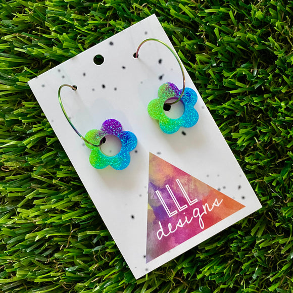 Resin Earrings - Neon Vibrant Mini Daisy Featuring a Rainbow Hoop! (2)