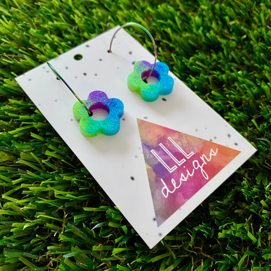 ON SALE!!!! Resin Earrings - Neon Vibrant Mini Daisy Featuring a Rainbow Hoop! (2)