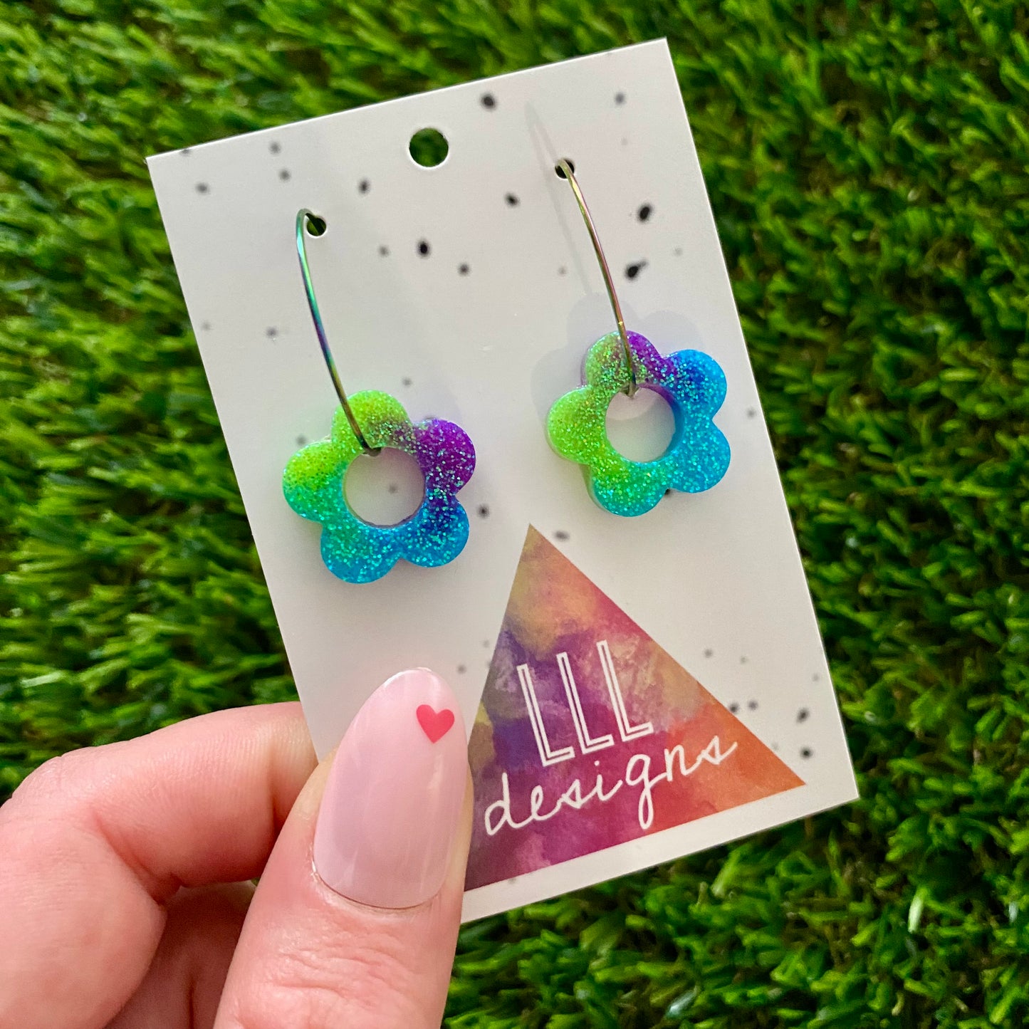 ON SALE!!!! Resin Earrings - Neon Vibrant Mini Daisy Featuring a Rainbow Hoop! (2)