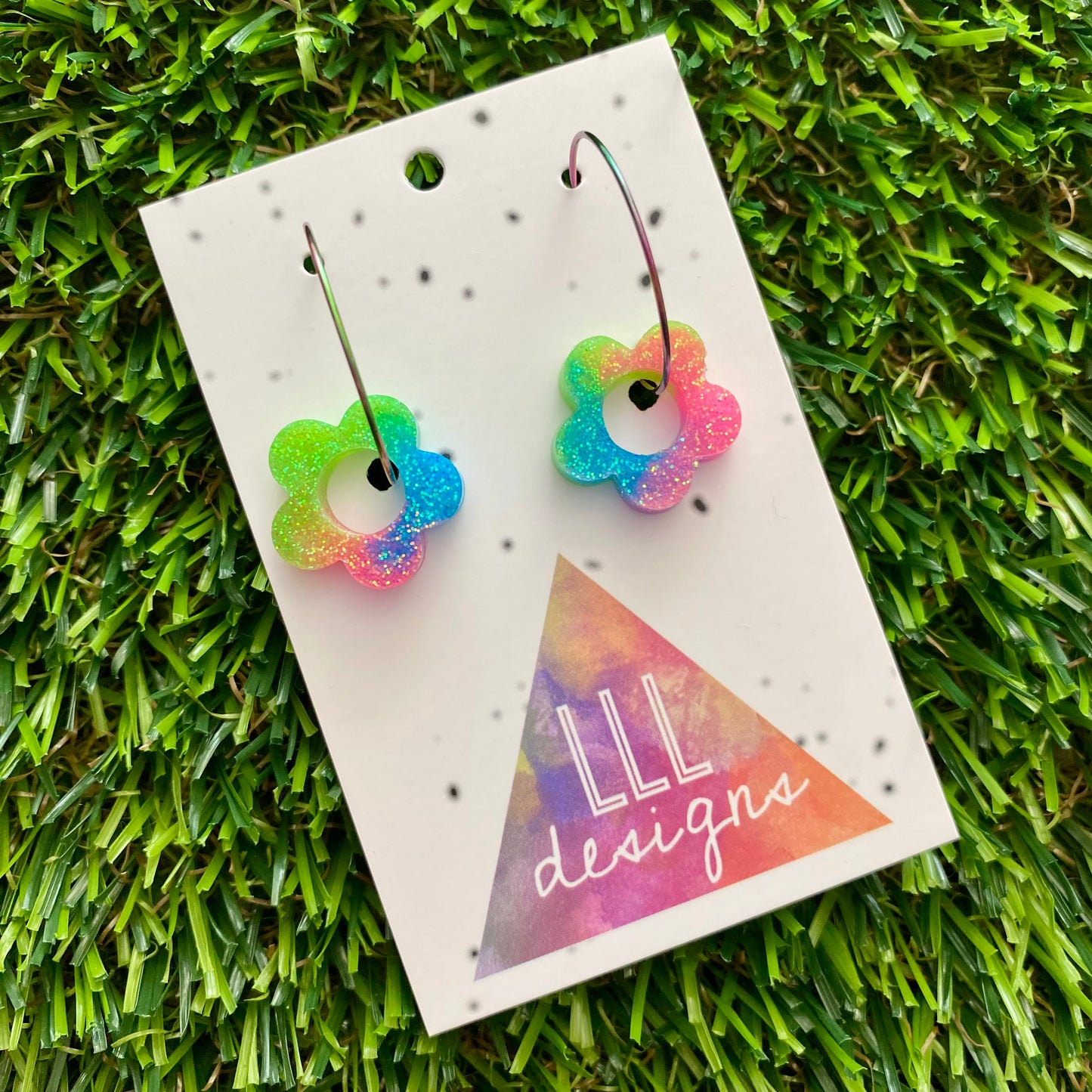 ON SALE!!! Resin Earrings - Neon Vibrant Mini Daisy Featuring a Rainbow Hoop! (3)