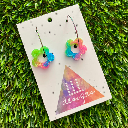 ON SALE!!! Resin Earrings - Neon Vibrant Mini Daisy Featuring a Rainbow Hoop! (3)