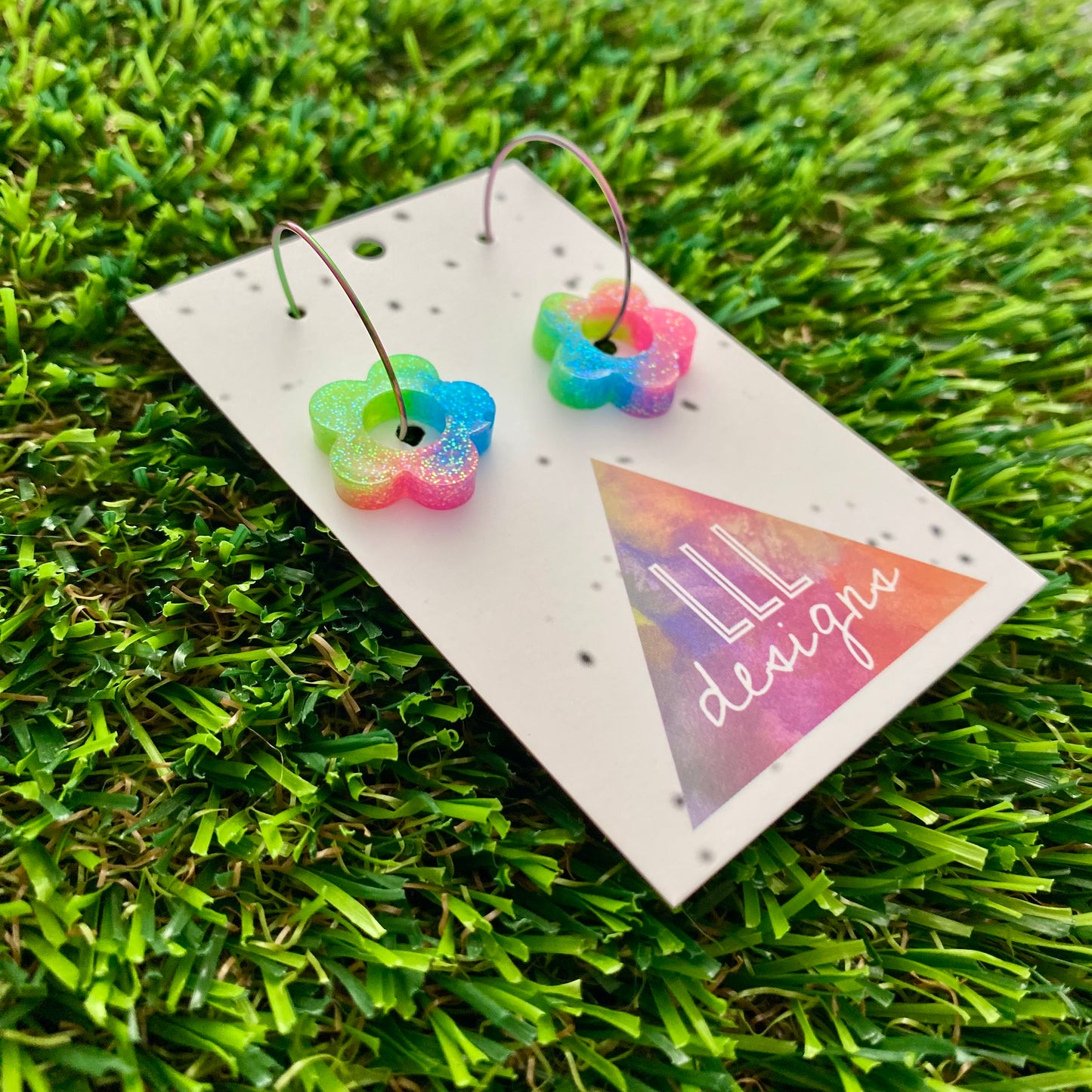 ON SALE!!! Resin Earrings - Neon Vibrant Mini Daisy Featuring a Rainbow Hoop! (3)