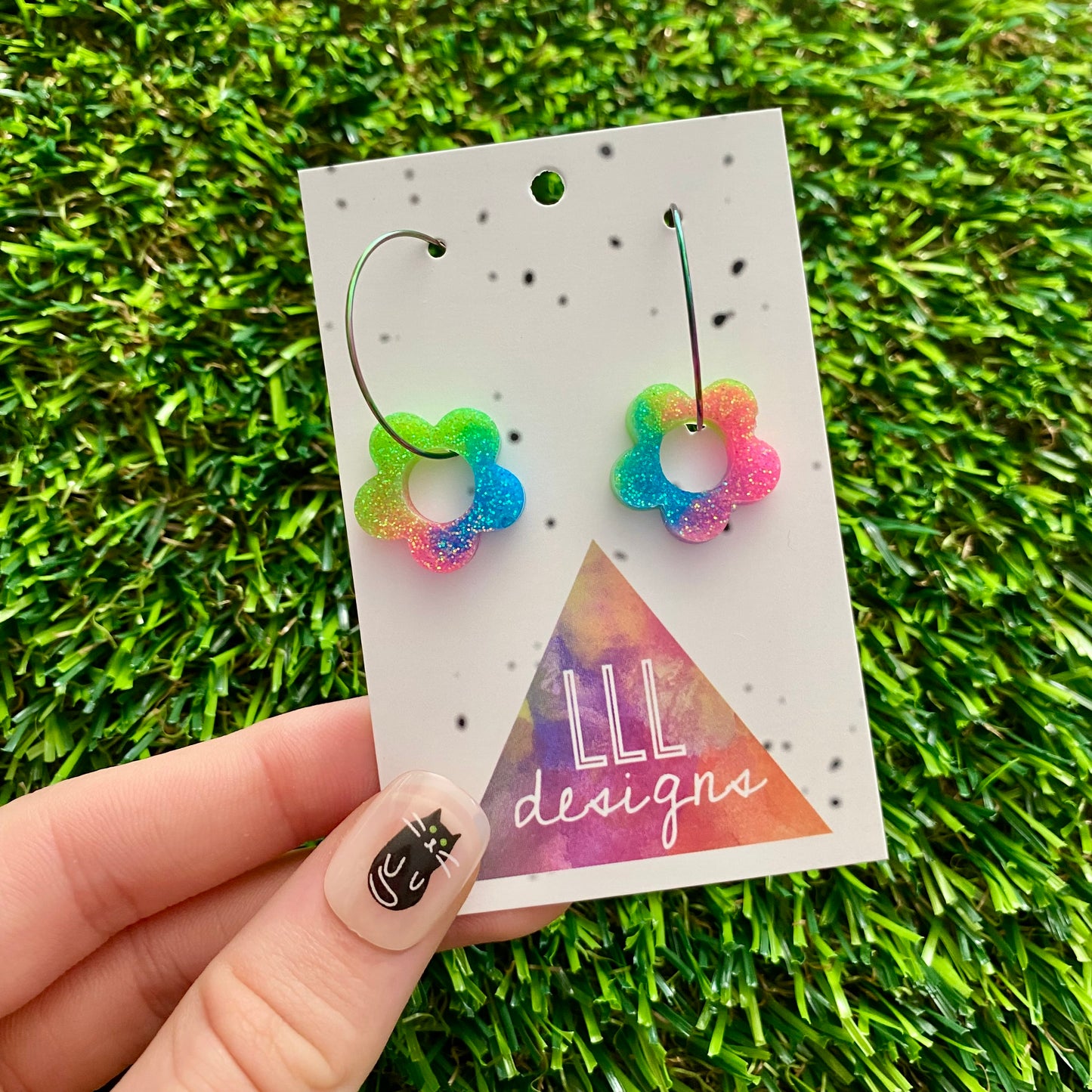 ON SALE!!! Resin Earrings - Neon Vibrant Mini Daisy Featuring a Rainbow Hoop! (3)