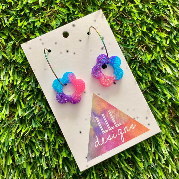 Resin Earrings - Neon Vibrant Mini Daisy Featuring a Rainbow Hoop! (4)