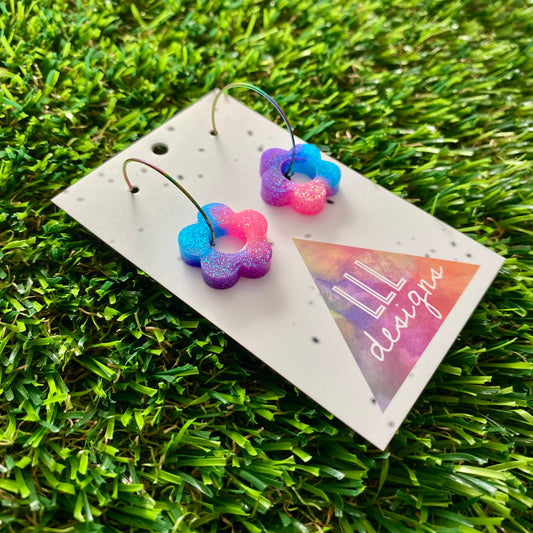 ON SALE!!!! Resin Earrings - Neon Vibrant Mini Daisy Featuring a Rainbow Hoop! (4)