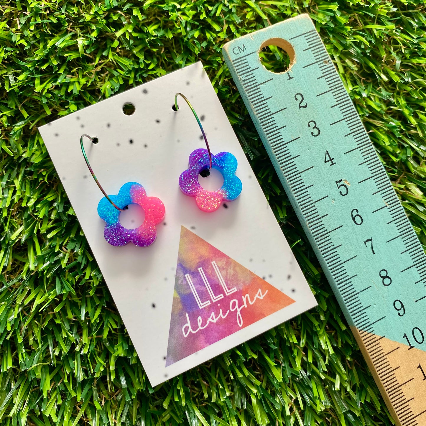 ON SALE!!!! Resin Earrings - Neon Vibrant Mini Daisy Featuring a Rainbow Hoop! (4)