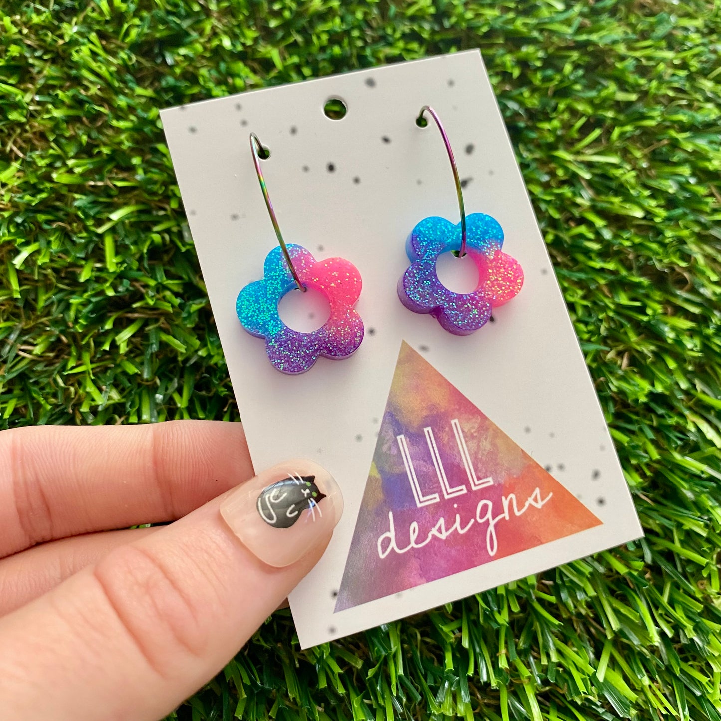 ON SALE!!!! Resin Earrings - Neon Vibrant Mini Daisy Featuring a Rainbow Hoop! (4)