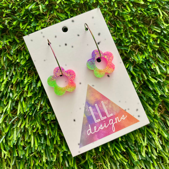 Resin Earrings - Neon Vibrant Mini Daisy Featuring a Rainbow Hoop! (5)