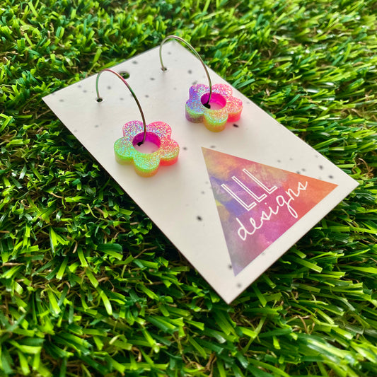 ON SALE!!!! Resin Earrings - Neon Vibrant Mini Daisy Featuring a Rainbow Hoop! (5)
