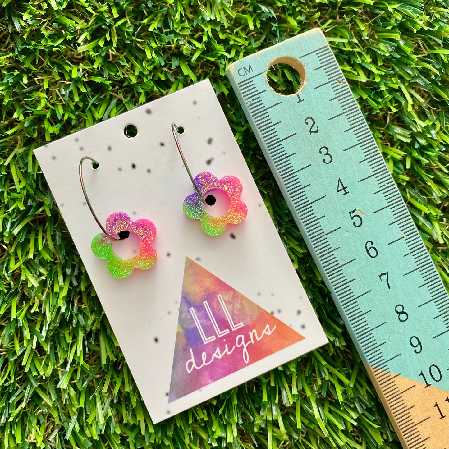 ON SALE!!!! Resin Earrings - Neon Vibrant Mini Daisy Featuring a Rainbow Hoop! (5)