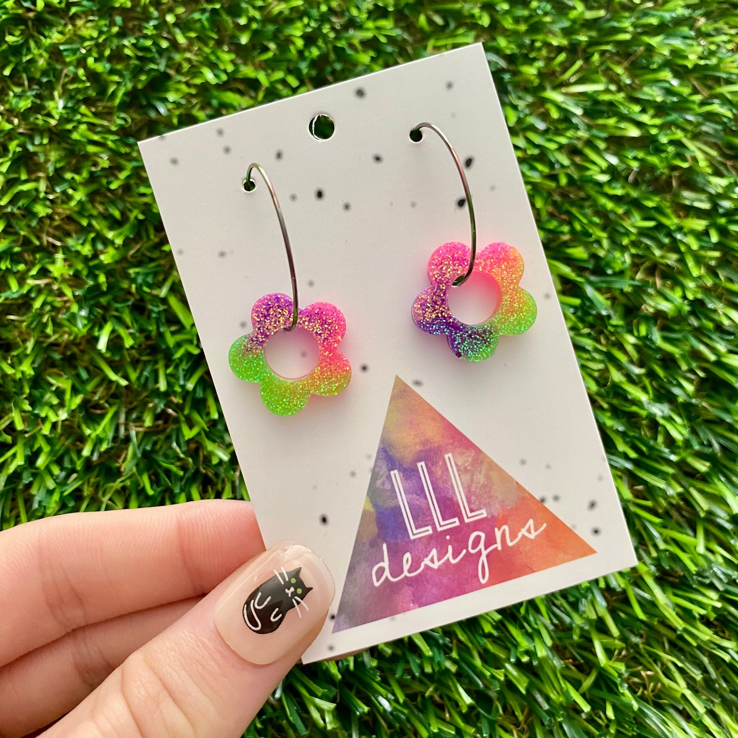 ON SALE!!!! Resin Earrings - Neon Vibrant Mini Daisy Featuring a Rainbow Hoop! (5)