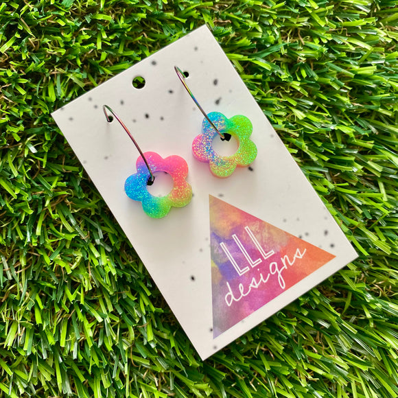 Resin Earrings - Neon Vibrant Mini Daisy Featuring a Rainbow Hoop! (6)