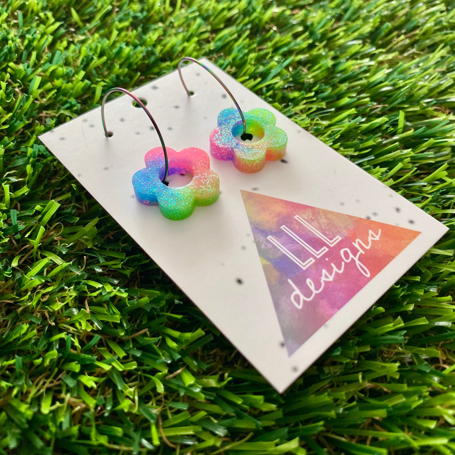 ON SALE!!!! Resin Earrings - Neon Vibrant Mini Daisy Featuring a Rainbow Hoop! (6)