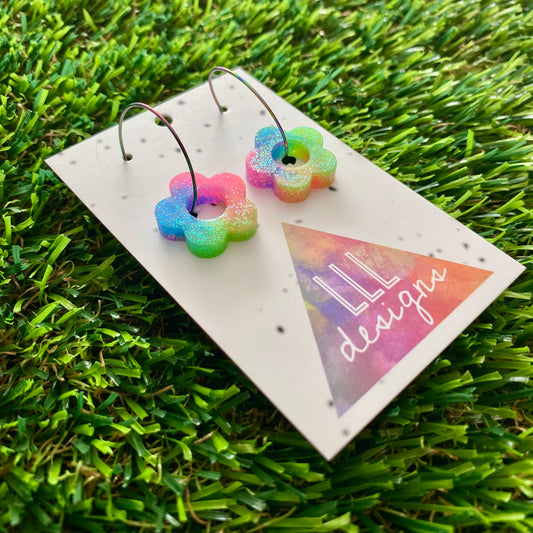 ON SALE!!!! Resin Earrings - Neon Vibrant Mini Daisy Featuring a Rainbow Hoop! (6)