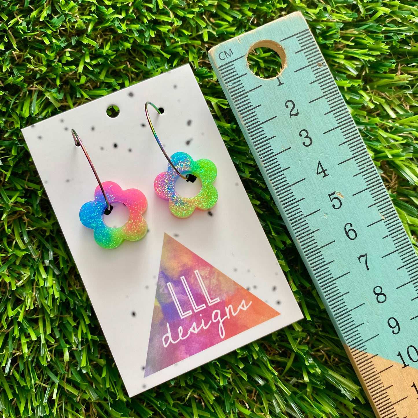 ON SALE!!!! Resin Earrings - Neon Vibrant Mini Daisy Featuring a Rainbow Hoop! (6)