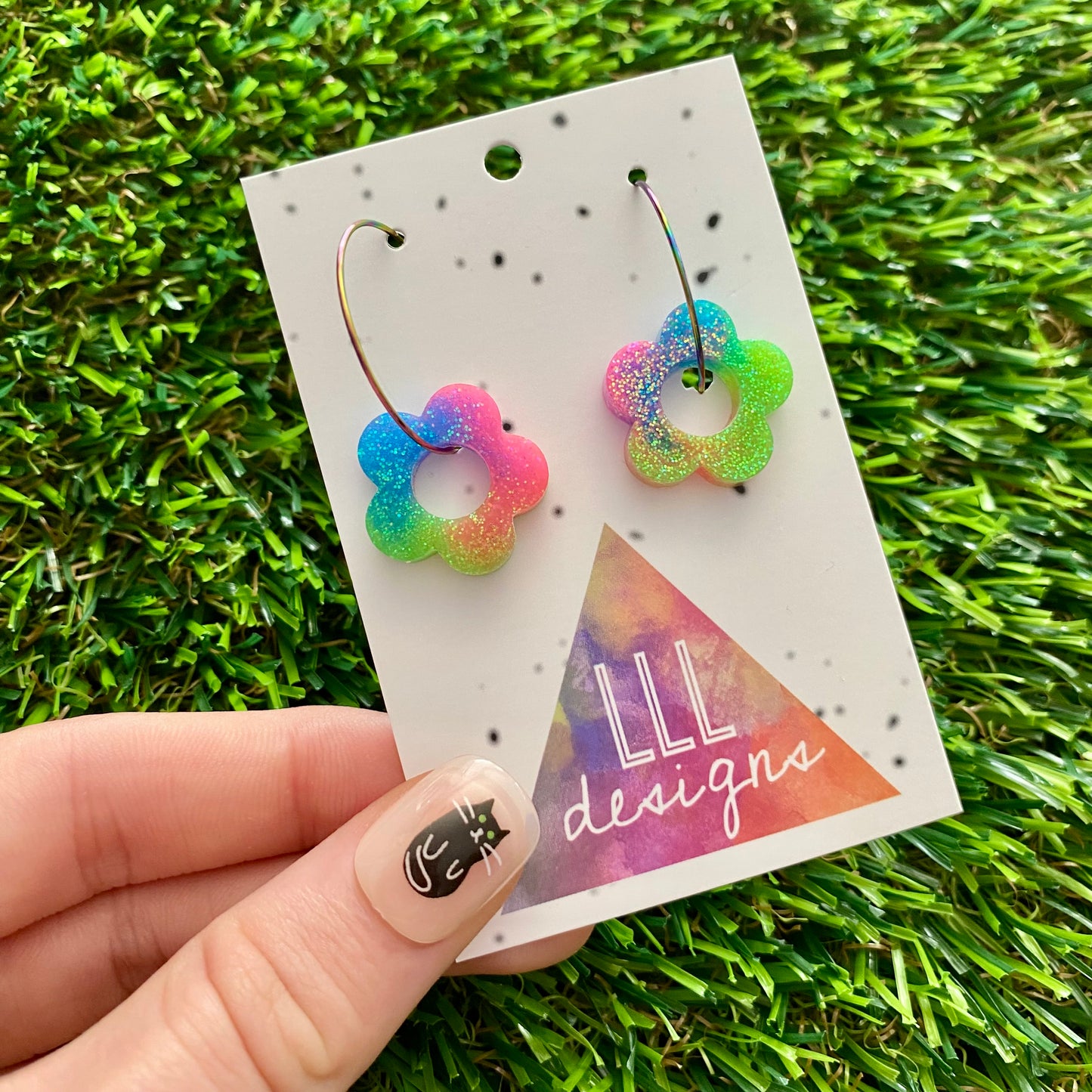 ON SALE!!!! Resin Earrings - Neon Vibrant Mini Daisy Featuring a Rainbow Hoop! (6)