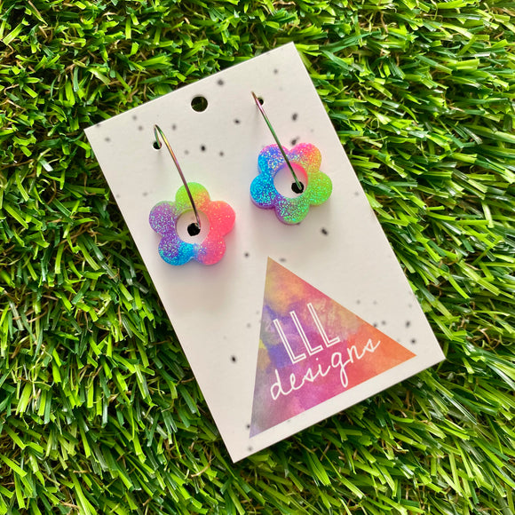 Resin Earrings - Neon Vibrant Mini Daisy Featuring a Rainbow Hoop! (7)