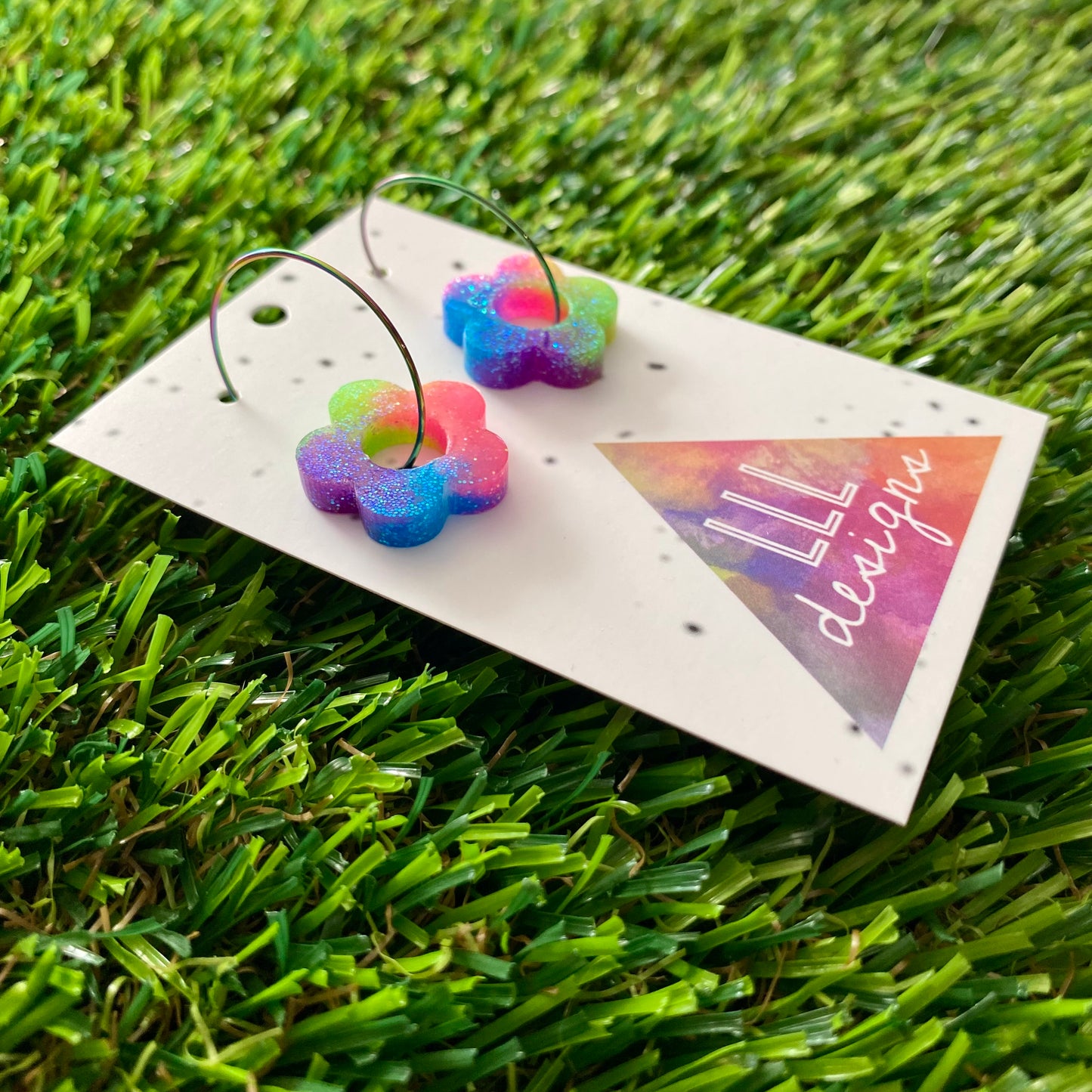 ON SALE!!!! Resin Earrings - Neon Vibrant Mini Daisy Featuring a Rainbow Hoop! (7)