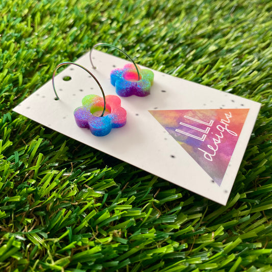 ON SALE!!!! Resin Earrings - Neon Vibrant Mini Daisy Featuring a Rainbow Hoop! (7)
