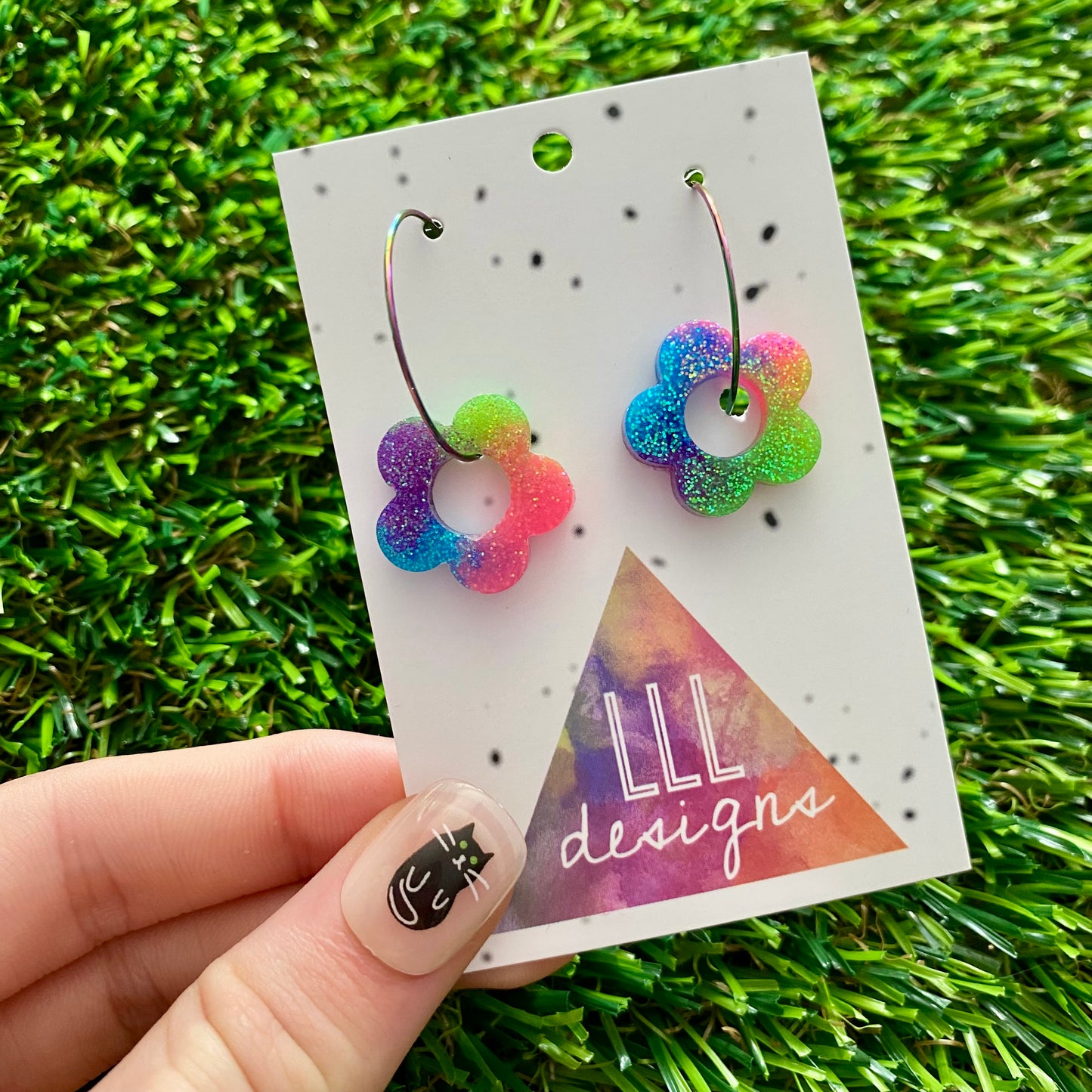 ON SALE!!!! Resin Earrings - Neon Vibrant Mini Daisy Featuring a Rainbow Hoop! (7)